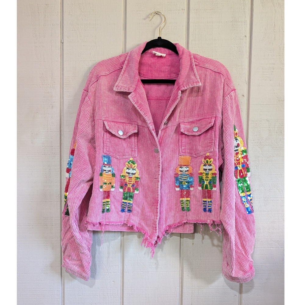 BIB! Pink Corduroy Sequin Nutcracker Jacket Christmas Raw Hem Sparkles Holiday